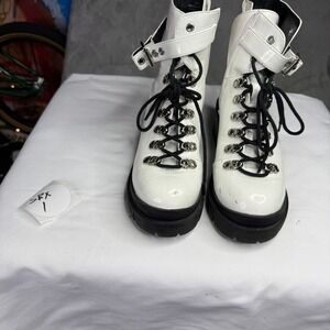 White Patent Lace Up Buckle Ankle Boots Chunky Platform Lug Sole Size 7